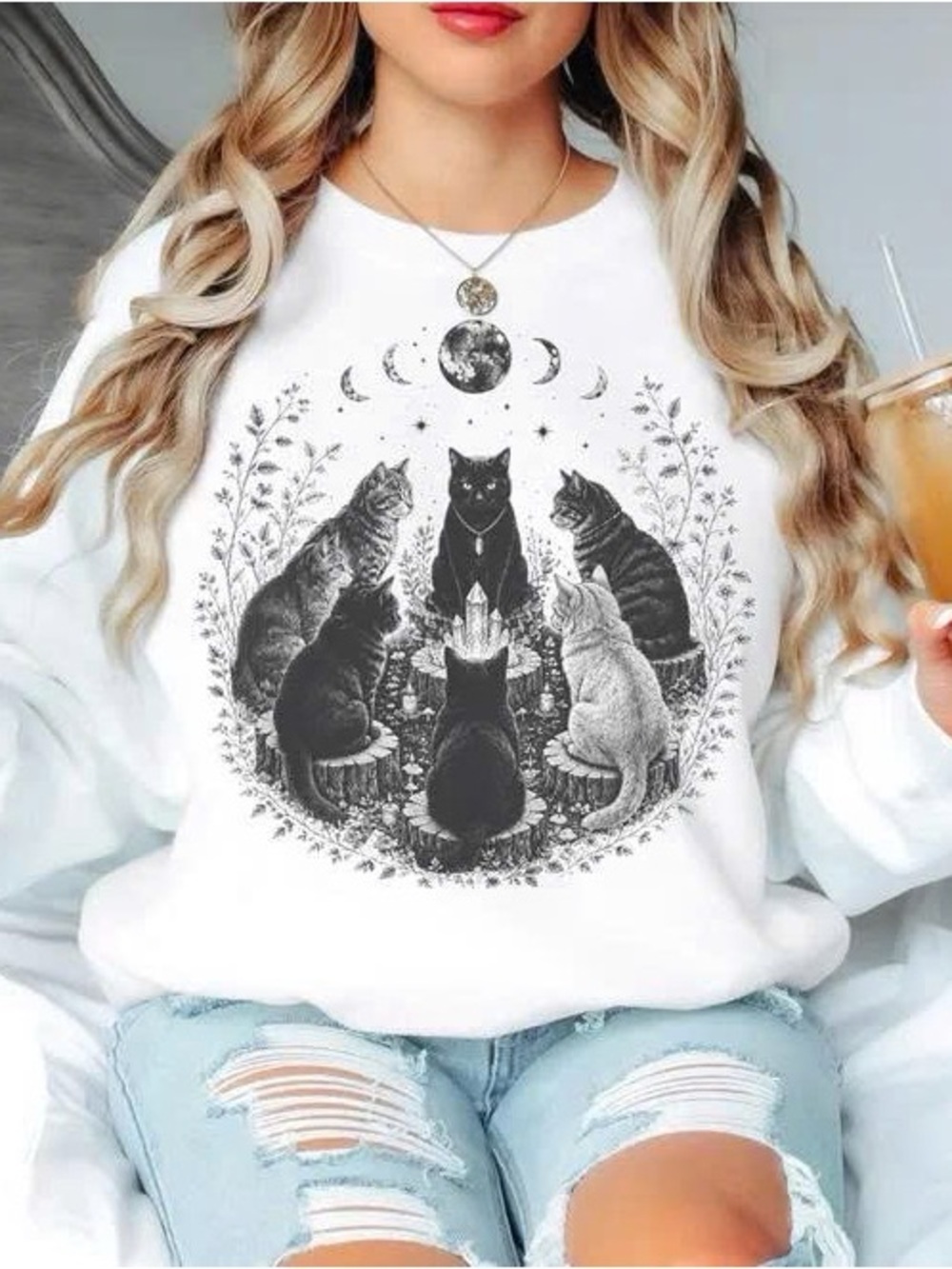 Cats Circle Crystal Sweatshirt - White